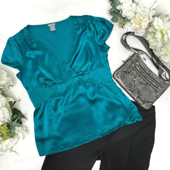 Ann Taylor Tops - Ann Taylor Short Sleeve Silk Career Crossover Blouse Turquoise Green Sz 10